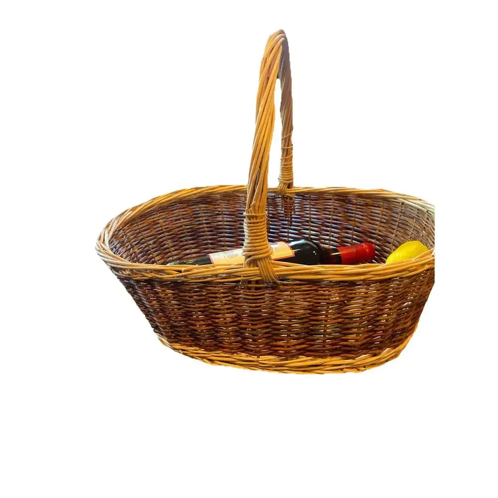 Vintage Wicker Picnic Basket Oval w/ Handle Handwoven Farmhouse Decor 16” X 12.5